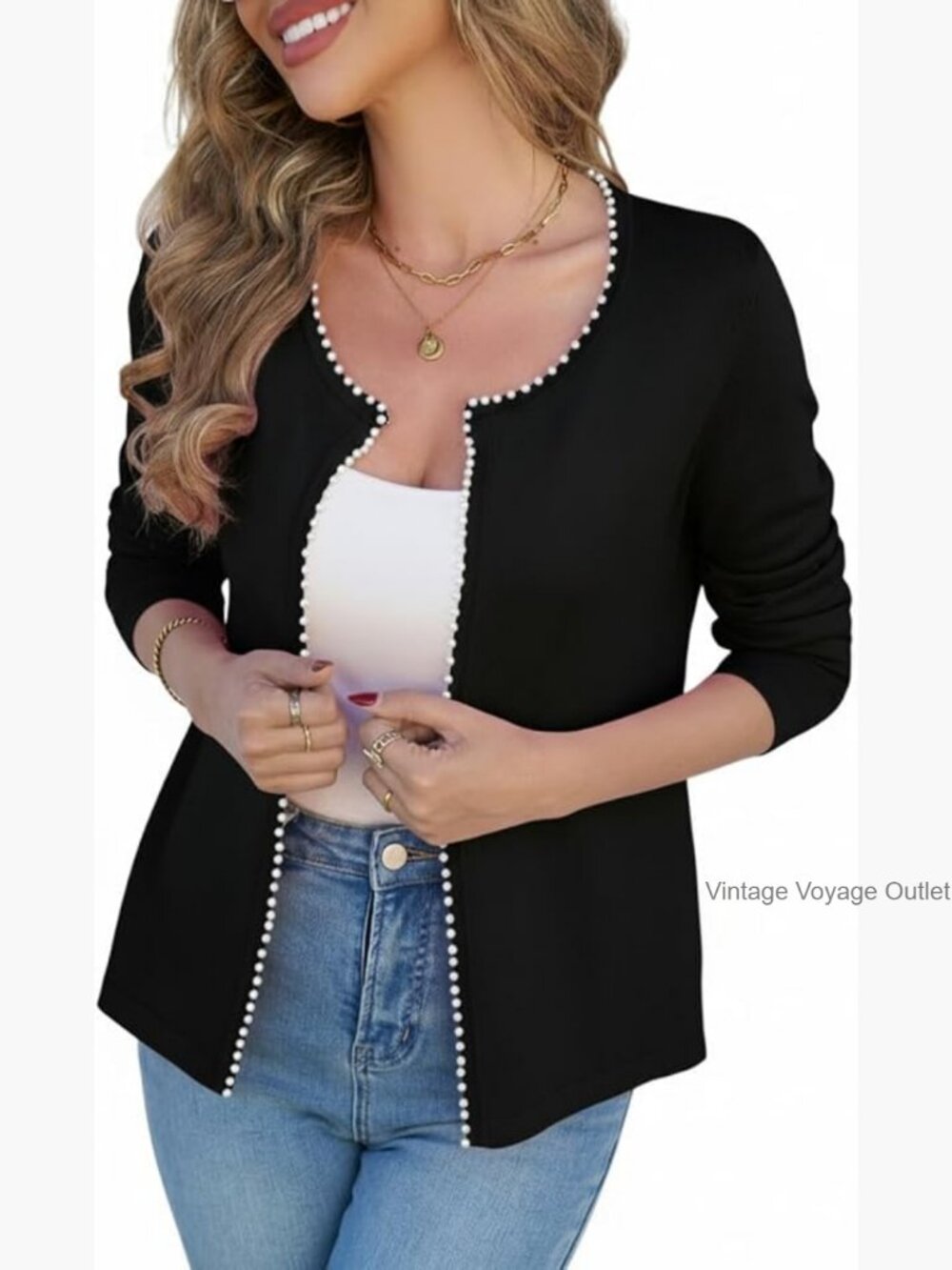 Lightweight Cardigan with Pearl Trim, Open Front, Long Sleeve Sweater